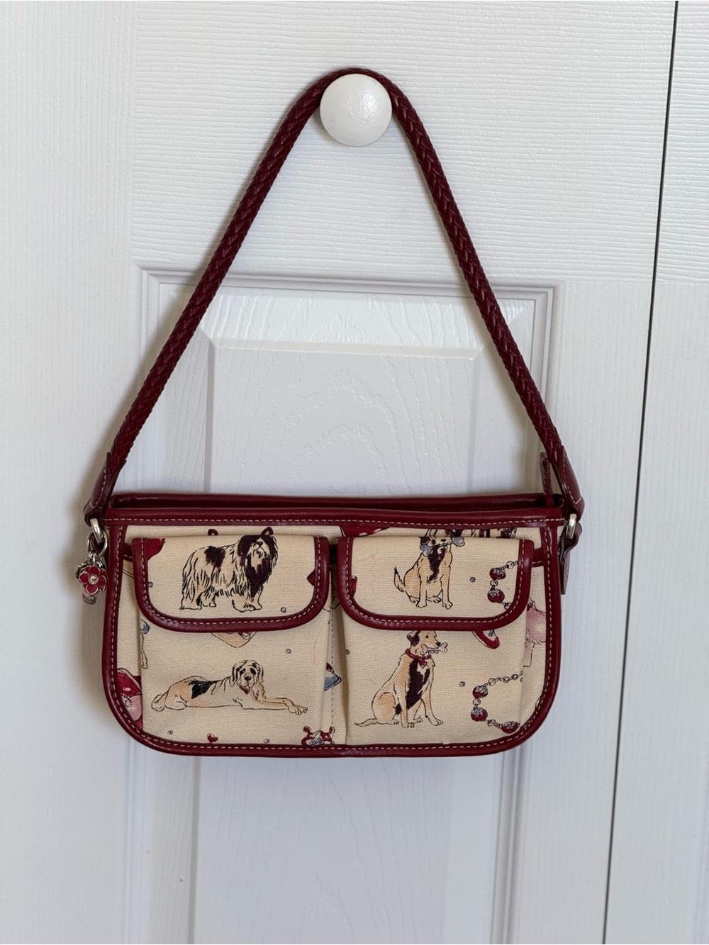 2003 Brighton Dog Print Shoulder Bag in Burgundy/Red and Cream